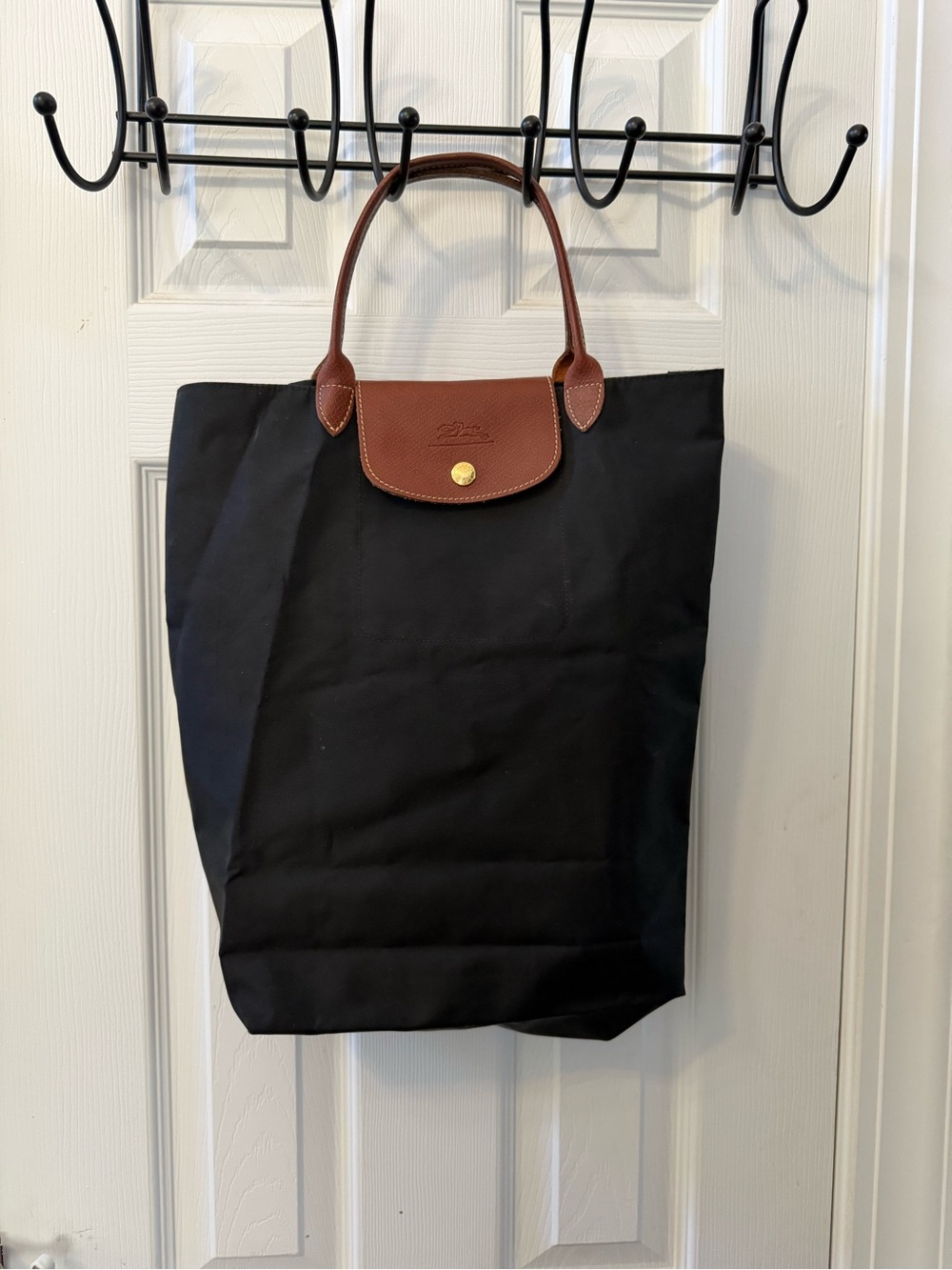 Authentic Vintage Le Pliage Longchamp Black Nylon Tote with Brown Leather Trim